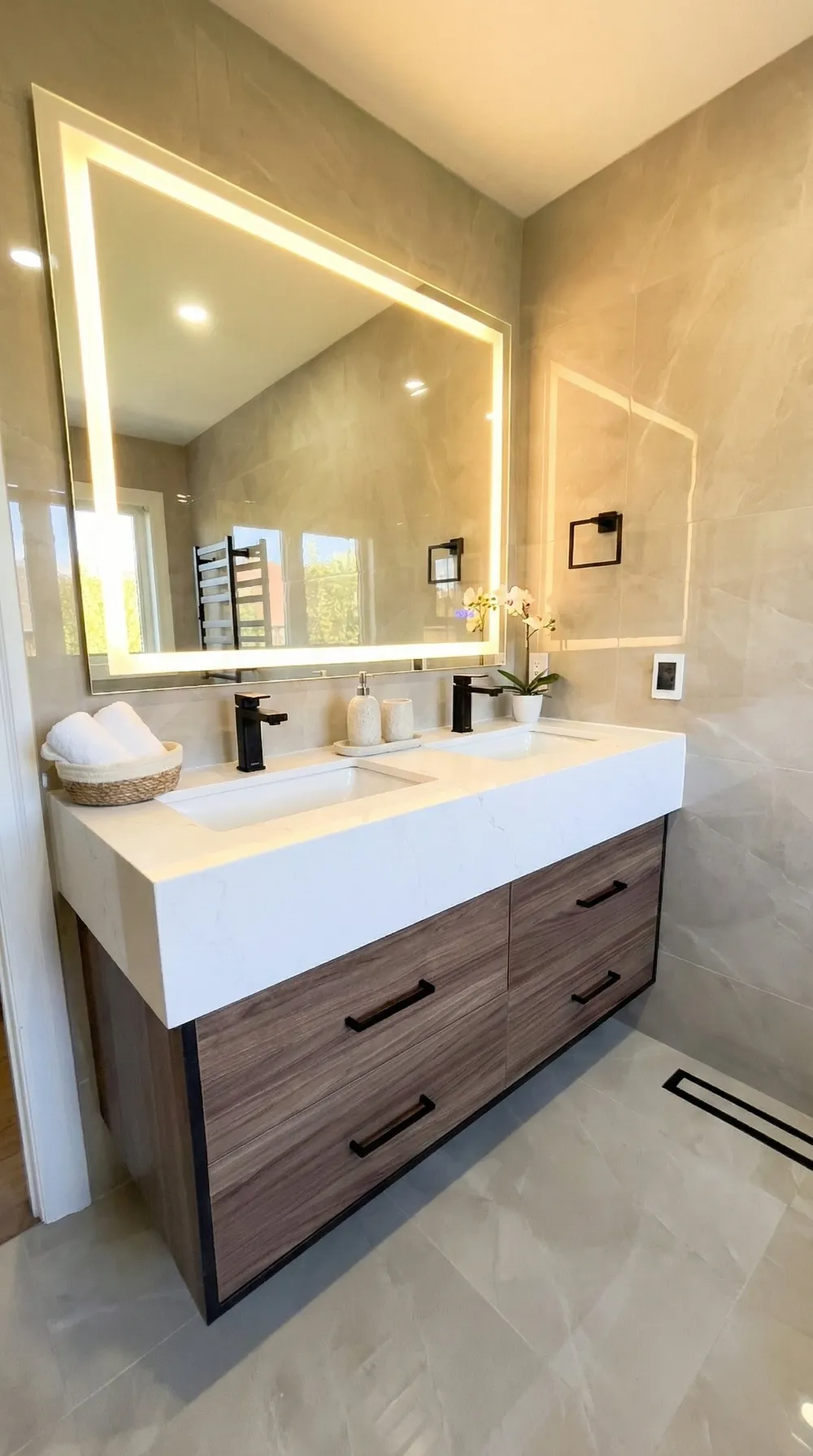 Modern walnut floating double vanity in a North York ensuite renovation