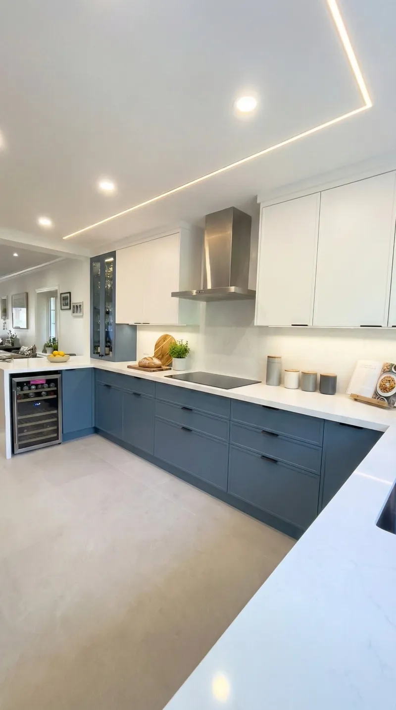 Two-tone blue and white custom kitchen renovation in Toronto