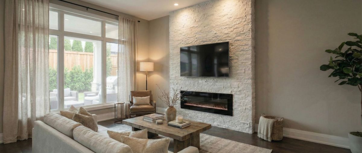 Renovated living room with stone fireplace in Markham